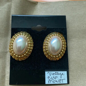 Vintage Faux Pearl Gold tone Monet Clip on earrings